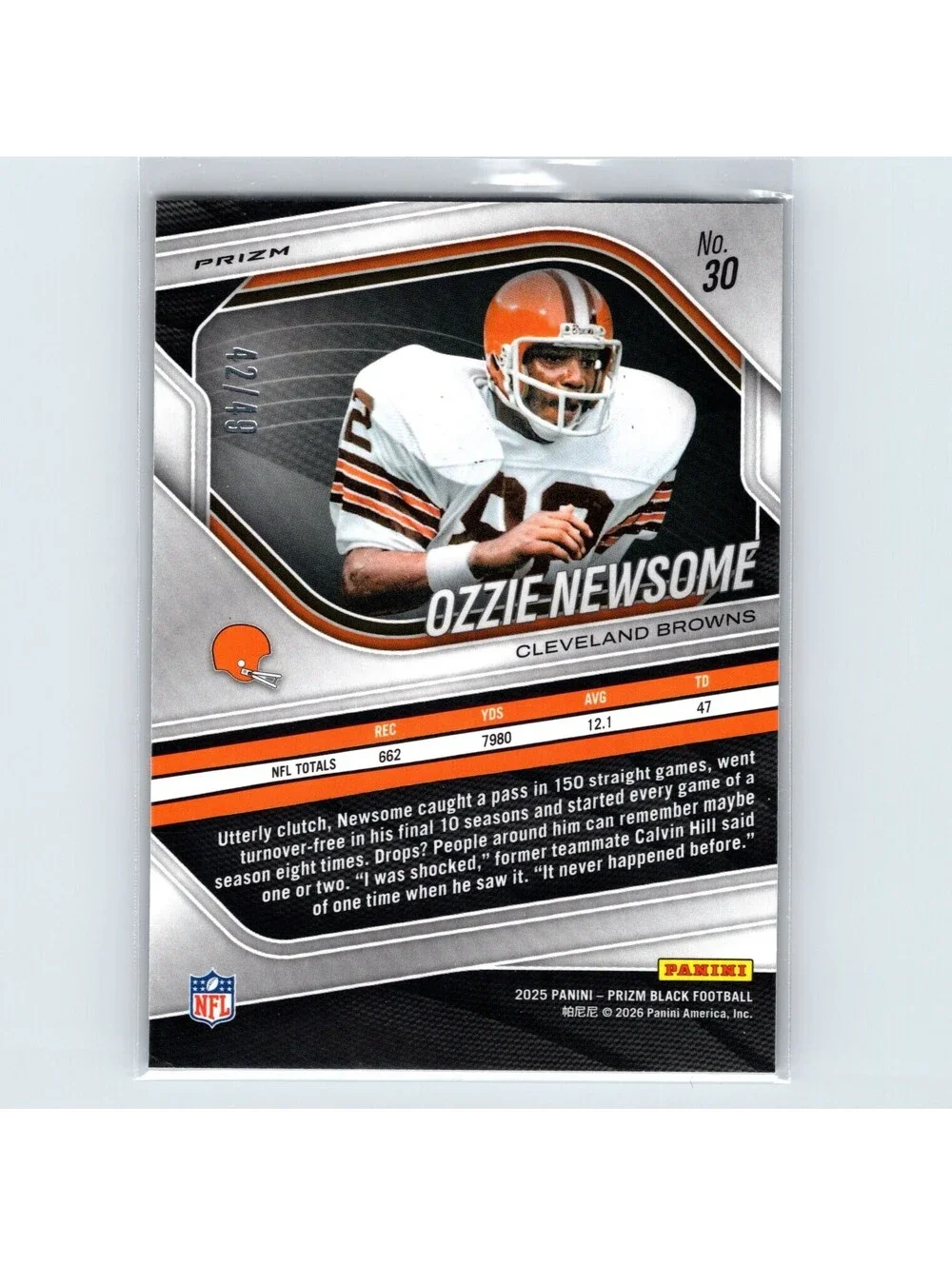 2025 Panini Prizm Black Ozzie Newsome #30 Prizms Orange #/49 Cleveland Browns